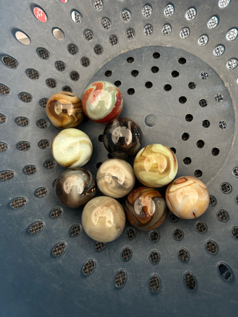 Set of 10 Swirled Glass Marbles - Earth Tone Mix. I believe they’re Jabo’s.